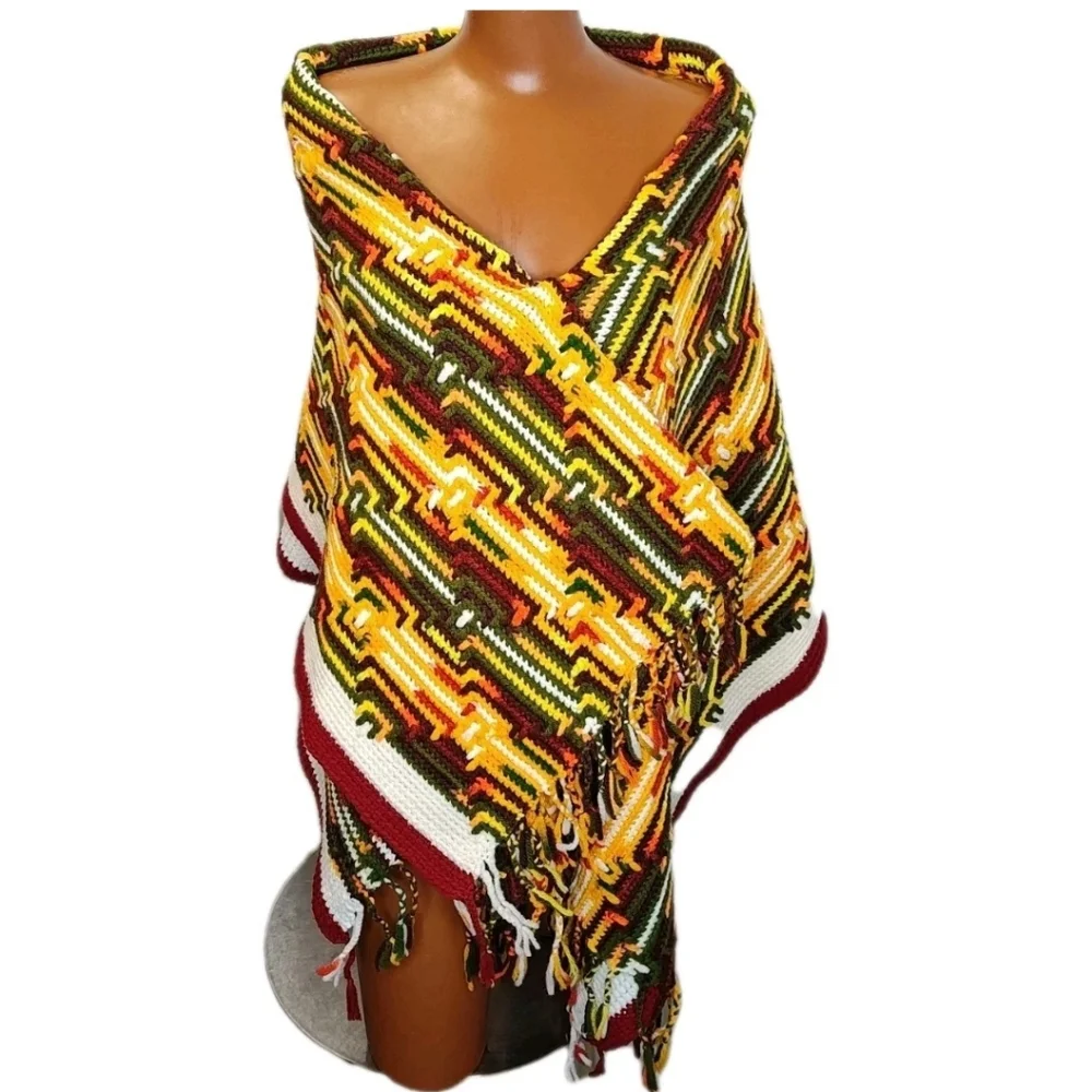 Retro 70s Fringed Crochet Blanket Scarf Wrap Shawl Handmade Lap Throw Fall 36/72
